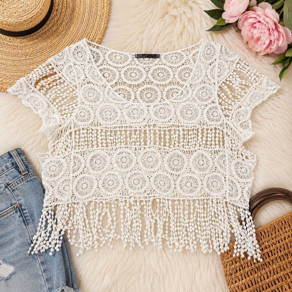 Dulcie Womens Crochet Crop Top Ivory Fringe Hippie Boho Festival small medium